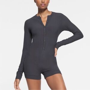 Skims Soft Lounge Button up Henley Onesie in Graphite